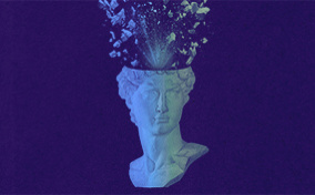 Pieces of a Roman statue head blow up from the top of it.