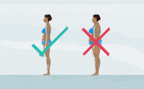 Two women stand, facing left: the skinnier woman has a green check mark over her body and the larger woman has a red X.