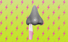 A pregnancy test hanging out of a nose like mucus.