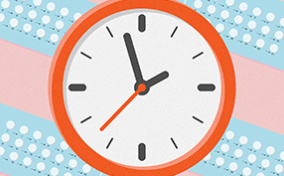 Birth control pills behind a clock on a pink background.