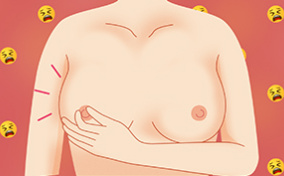 Sad face emojis behind a woman grabbing her nipple.