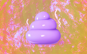 A-shiny-purple-poop-sits-in-front-of-a-pink-and-brown-background