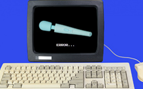 A keyboard and mouse sit in front of a computer screen showing a wand vibrator.