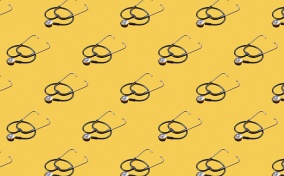 Identical stethoscope images cover a yellow background. 