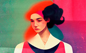 An illustrated woman with red and black hair looks sideways with a serious expression.