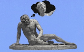 A male statue looks down with thought bubble of a female statue