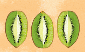 Wedges of a kiwi fruit in various sizes with one triggering an alarm at the tip.