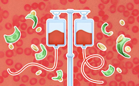 Two-bags-of-blood-hang-on-an-IV-pole-with-money-floating-in-the-air