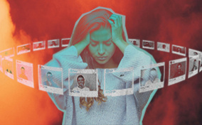 A woman with PTSD stands with her hands against her head, pictures surrounding her.