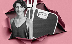 An LGBTQIA person is next to eating utensils and a scale against a pink background.