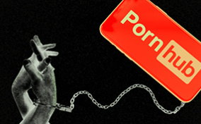 Two hands hold each other with one handcuffed to Pornhub