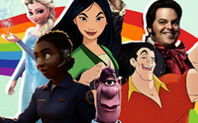 Multiple Disney characters suspected to be LGBTQIA+ are in a collage against a rainbow ribbon.