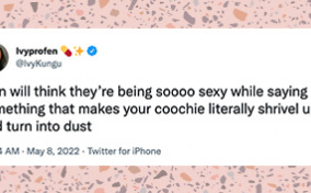 A tweet from Ivey Kungu about talking dirty is over a pink, speckled background