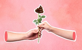 Two hands hold onto a stemmed flower with poop atop instead of a rosebud.