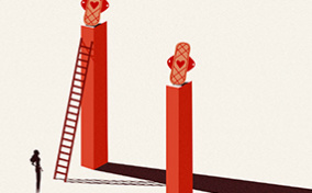 Two people look up at pillars with out-of-reach menstrual pads on top.