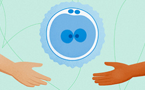 A hand gives an egg donation to another hand.