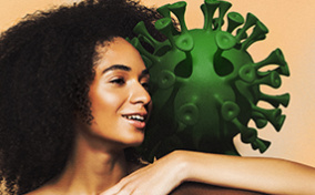 A woman hugs another person with Coronavirus for a head.