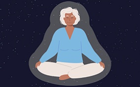 An elder woman sits cross-legged with her eyes closed against a starry background.