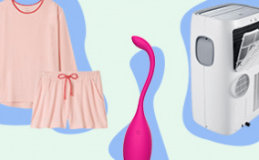 Pajamas, a vibrator, and an AC unit are on a blue and mint background.