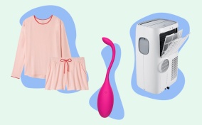 Pajamas, a vibrator, and an AC unit are on a blue and mint background.