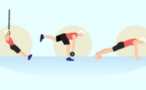 A man over 50 does three different exercises.