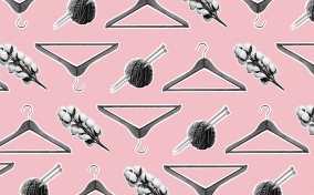 A collage of coat hangers, knitting needles, and cotton root are against a pink background.