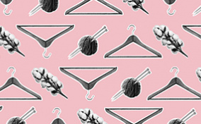 A collage of coat hangers, knitting needles, and cotton root are against a pink background.