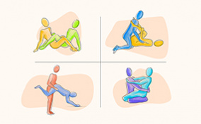 Four different sex positions that double as workouts are illustrated in a 2x2 grid.