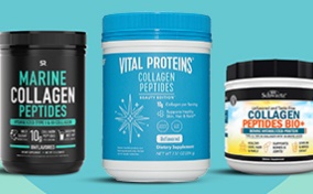 Different brands of collagen peptides supplements are beside each other on a blue background.