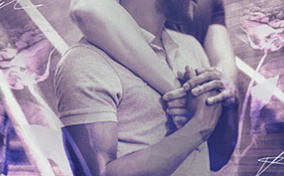 A man holds arms that embrace him from behind and two roses overlay the couple.