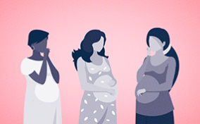 Three illustrated pregnant people look at each other on a pink background.