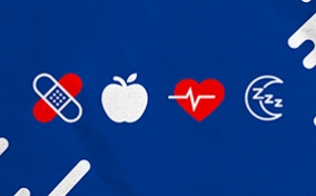 Health symbols from the cover of A Field Guide to Men's Health display on a blue background.