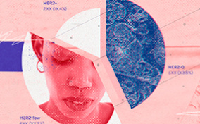 A piechart is on a pink background and one section contains a woman's face.