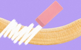 A phallic banana against a purple background is being removed by an eraser.