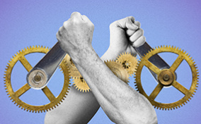 Two arms reach across each other and pull mechanical levers. 