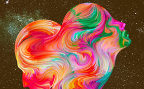 A combined profile of male and female heads mixed with multicolor swirls sit against a starry background.
