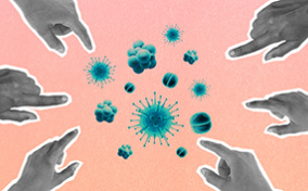 Different hands are are pointing fingers at multiple STI viruses against a peach background.