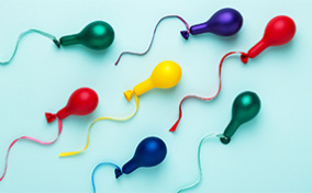 Multiple colors of barely blown up balloons have a string tied on the end to look like sperm.
