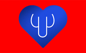 A white outline of a penis and testicles sits inside of a blue heart against a red background.