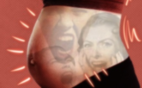 Faces of women are screaming inside of a pregnant belly with lines coming from the body.