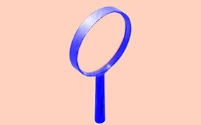 A blue magnifying glass is on a pink background.