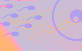 A sperm swim towards an embryo on top of a yellow and purple form.