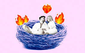 A couple cuddle in a bird's nest with fire and heart emojis floating around them.