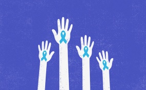 Four drawn white hands reach upward with blue ribbons on their palms.
