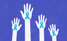 Four drawn white hands reach upward with blue ribbons on their palms.