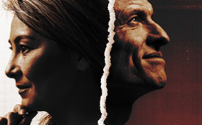 A woman looks left and a man looks right, their images separated by a tear in the paper.