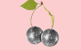 Two disco balls hang from a split cherry stem, one side of which shrinks from a bulbous shape back to normal.