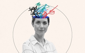 The top half of a woman's head is removed and colorful drawn lines emerge. 