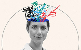 The top half of a woman's head is removed and colorful drawn lines emerge. 