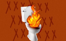 A toilet bowl is on fire with a red X repeated behind it.